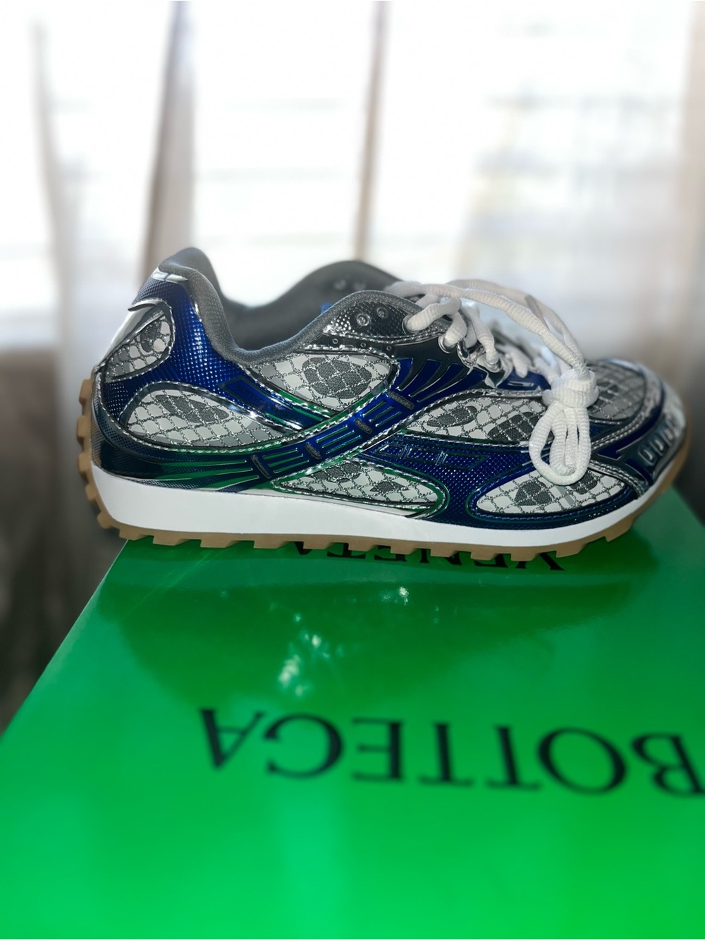 Bottega Veneta Kids Metallic Blue, Silver & Green Lace-Up Sneakers
